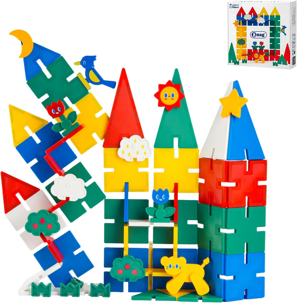 Magnetic Tiles 58PCS,Groove Interlocking Design Magnet Building Blocks with Lion, Sun,Cloud & Grass,STEM Toys for