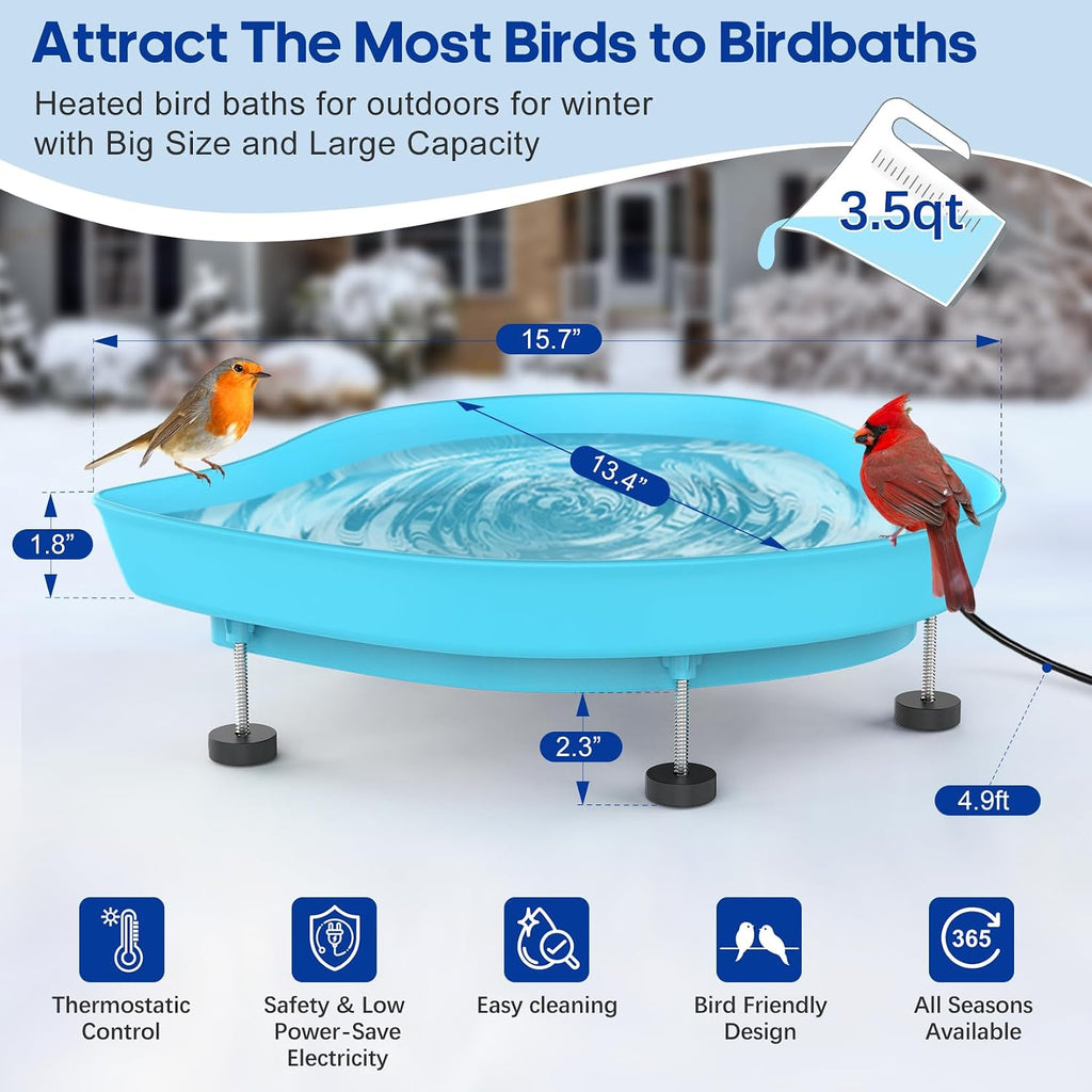 Heated Bird Baths for Outdoors for Winter - 60W Thermostatically Controlled Heated Bird Bath for Outside Winter