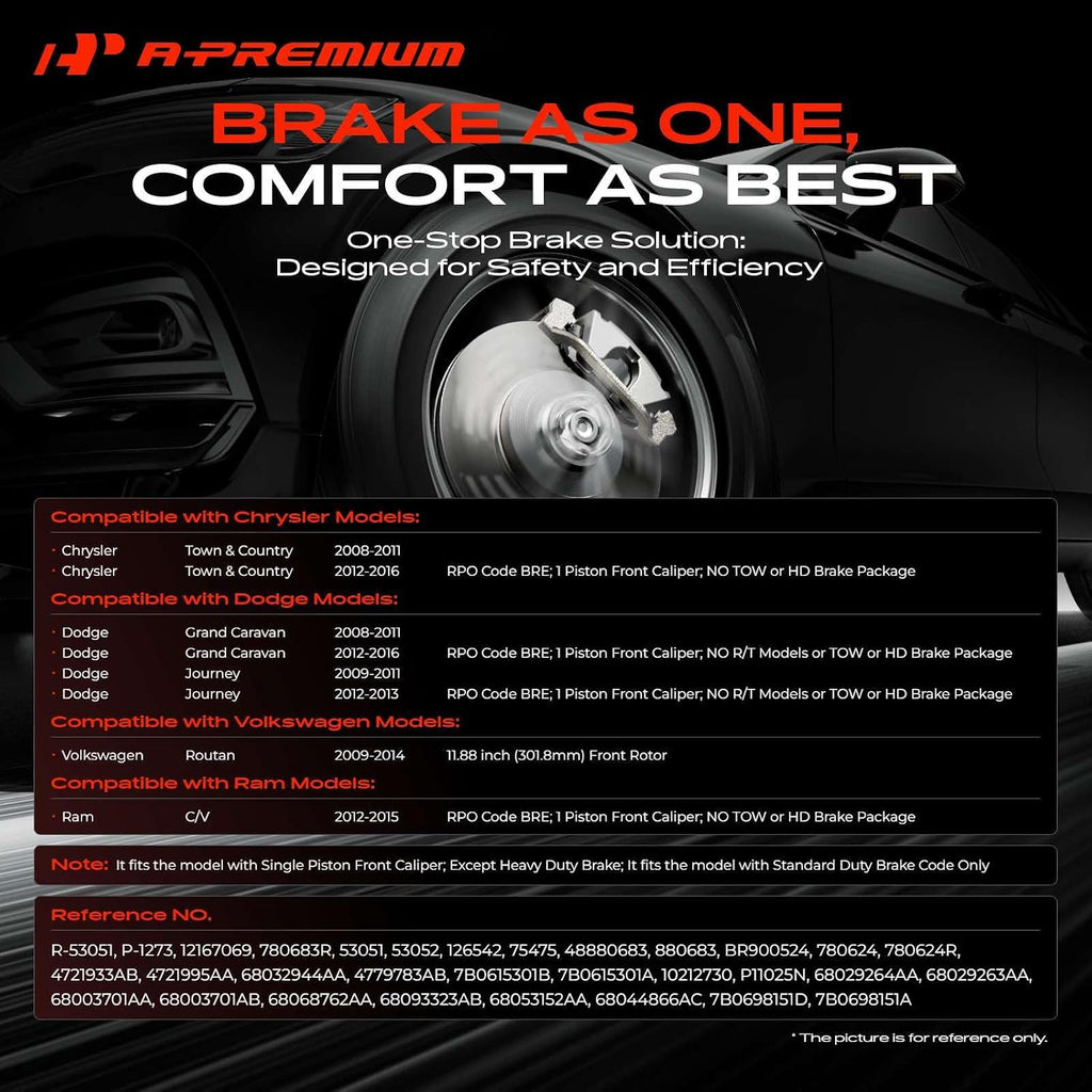 11.88 inch (301.8mm) Front Vented Brake Rotors & Ceramic Pads Kit | Compatible with Chrysler, Dodge, Ram and