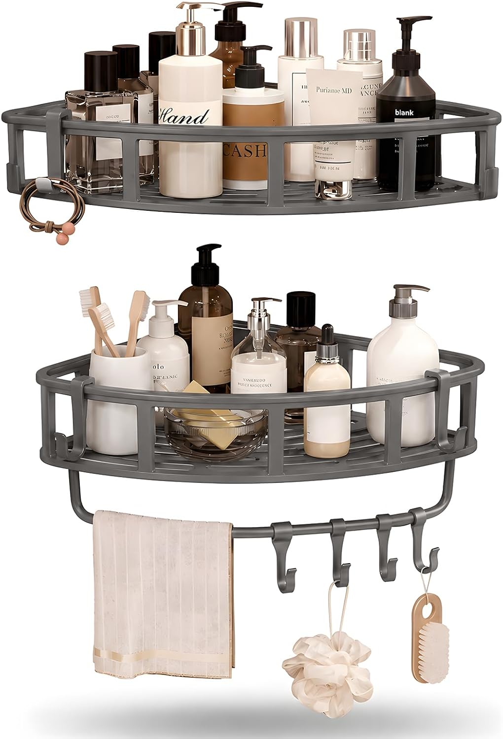 Shower Caddy Hanging Gray, 2 Pack Rustproof Adhesive Corner Shower Shelves | 40 Lb Secure Hold, Powder-Coated
