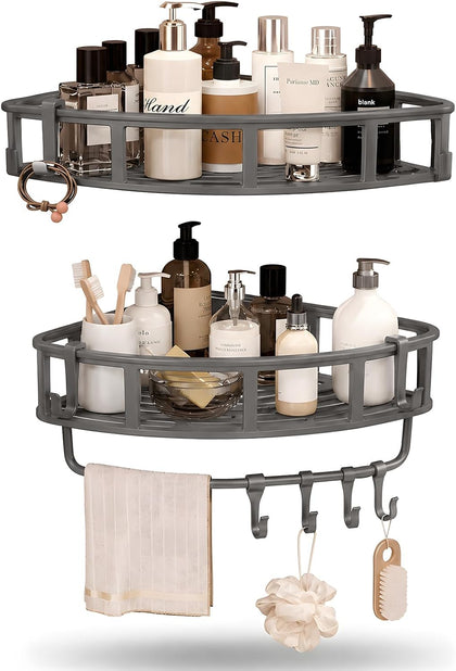 Shower Caddy Hanging Gray, 2 Pack Rustproof Adhesive Corner Shower Shelves | 40 Lb Secure Hold, Powder-Coated