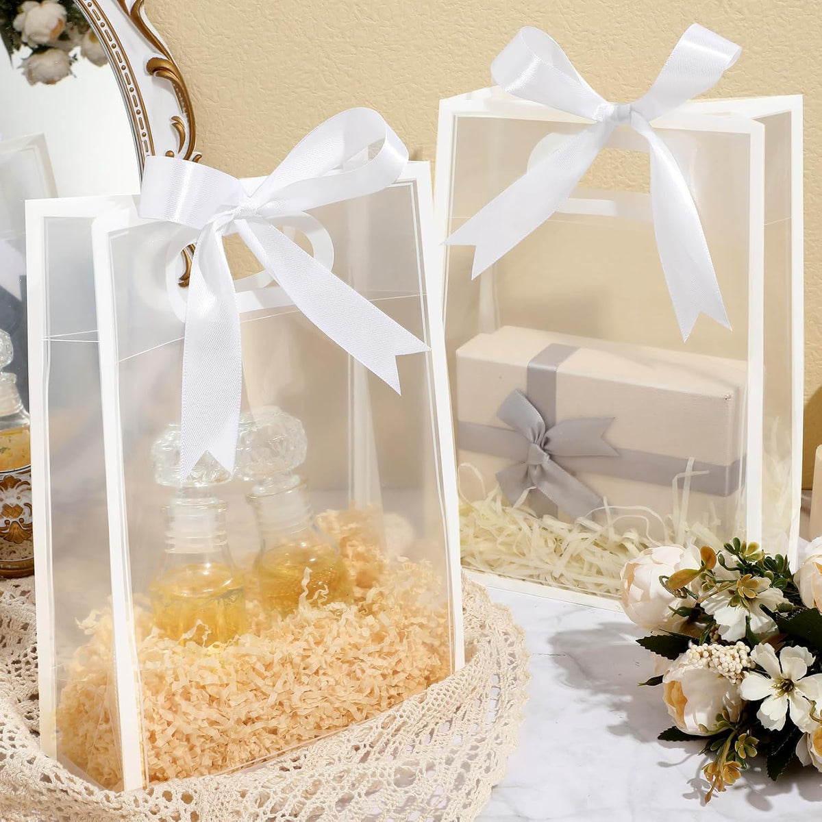 12 Pcs Small Clear Plastic Gift Bag with Handles,White