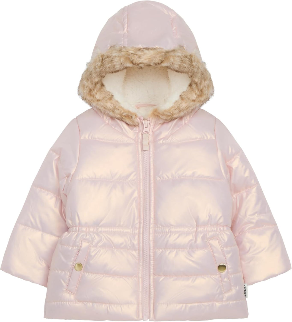 Girls' Winter Coat Puffer Jacket With Faux Fur Trimmed Hood
