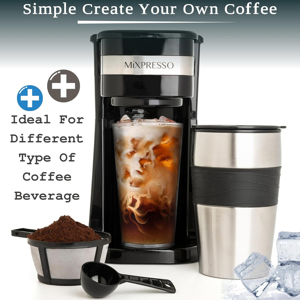 Single Serve & Single Cup Coffee Maker with 14oz Travel Mug Black | For ground coffee only, reusable filter, auto