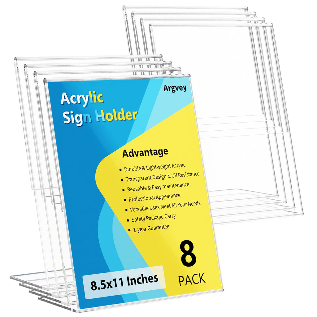 Acrylic Sign Holder 8.5 x 11, Clear L-Shape Tabletop Display Stand, 8 Pack