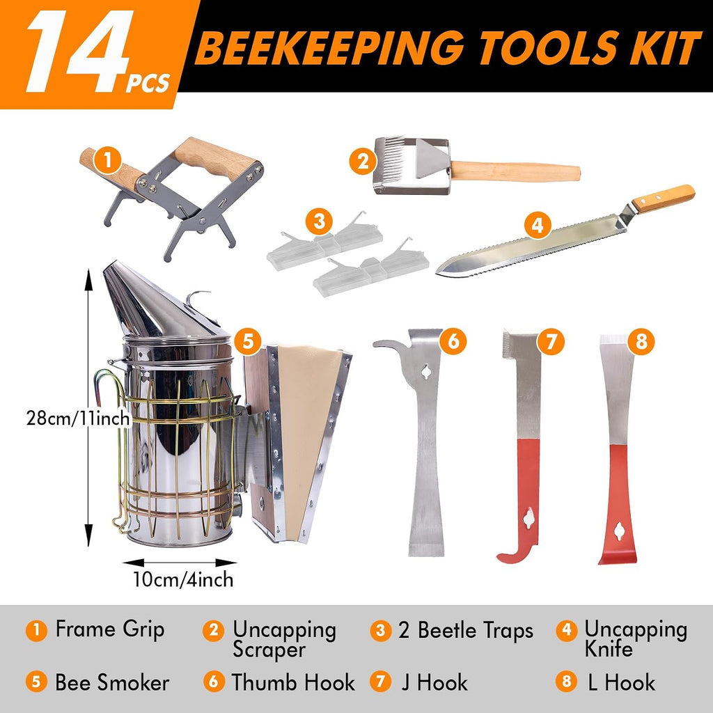 14 Pcs Beekeeping Tools Starter Kit, Bee Keeping Supplies-All Bee Hive Tools Kit with Organizer Tote and Beekeeping