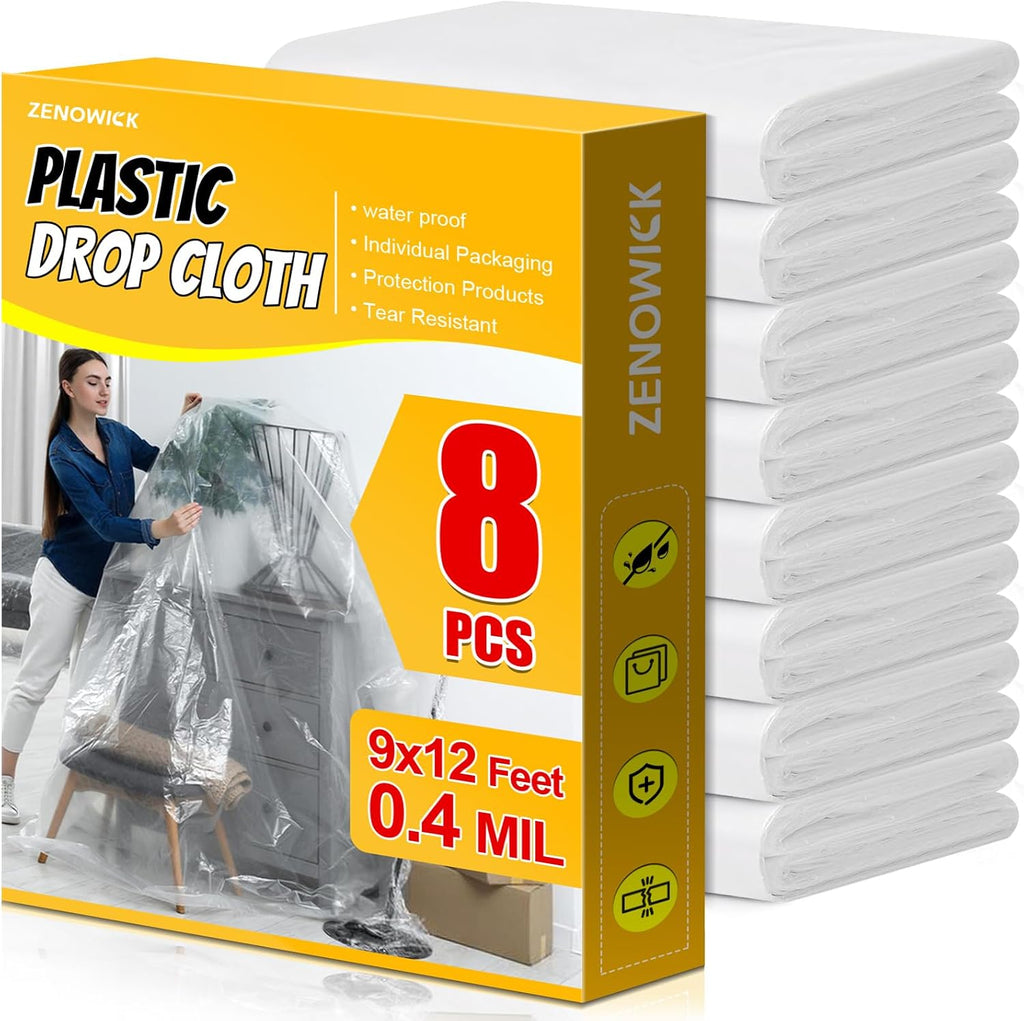 8 Pack Plastic Drop Cloth, 9x12 Ft Plastic Sheeting for Painting