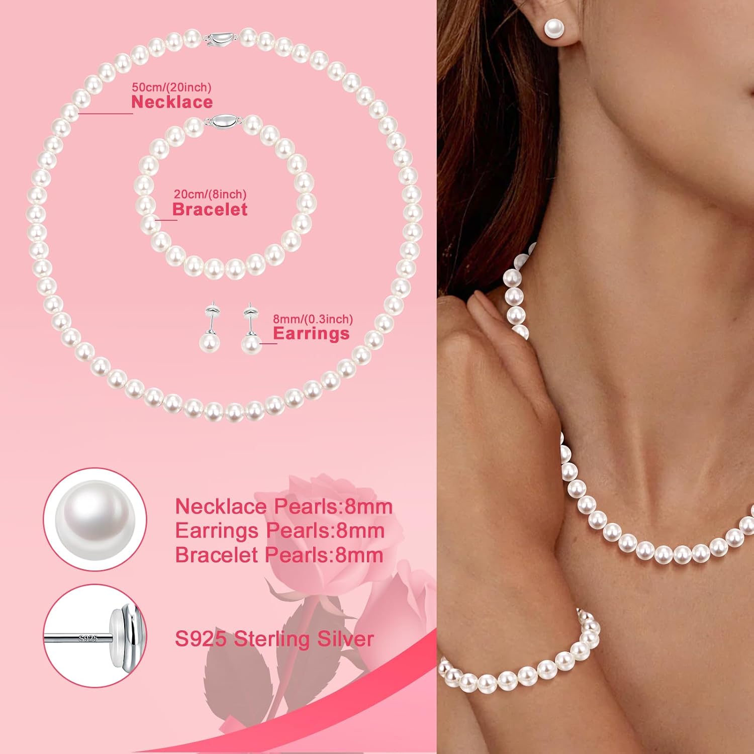 Pearl Necklace and Earring Set Include Stunning Bracelet, Pearl Jewelry Set for Women with Preserved Rose Box