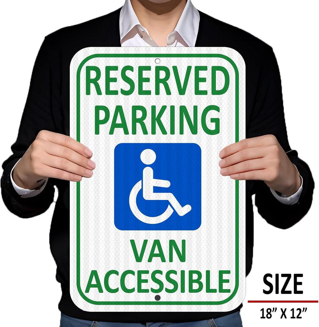 (2 Pack) Reflective Aluminum Reserved Parking Sign, 18" x 12" Heavy-duty Handicap Van Accessible Sign, Durable Metal