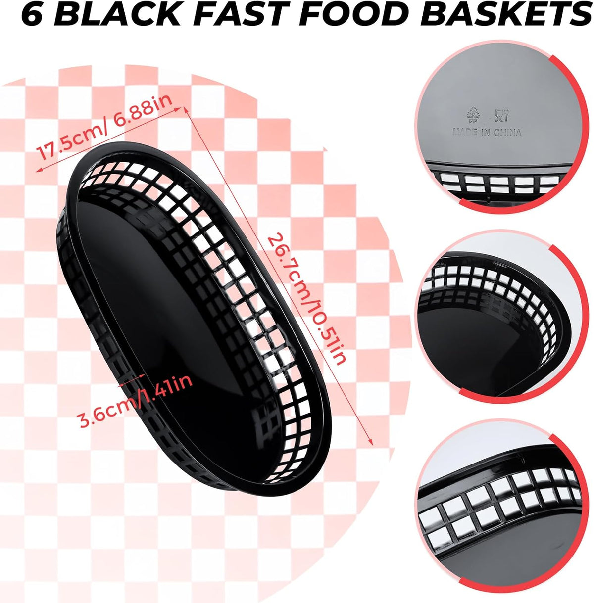 6 Black Food Baskets with 60 Red Checkered Liners, Reusable Baskets
