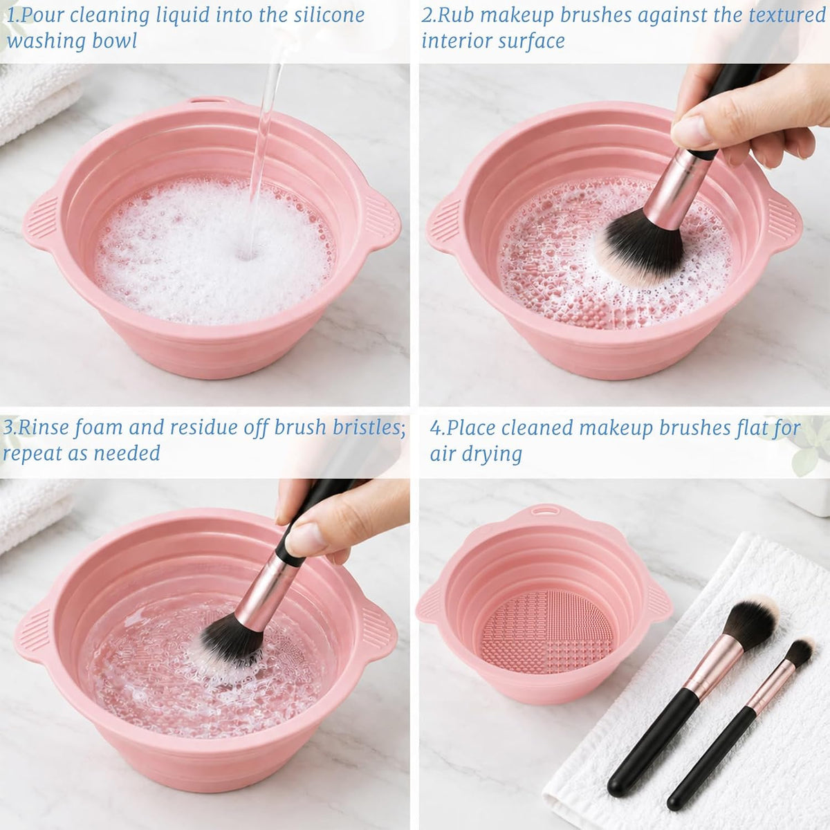 Collapsible Makeup Brush Cleaner Bowl, 2 Pack Silicone Washing Mat for Cleaning Daily Beauty Tools, Pink and Blue