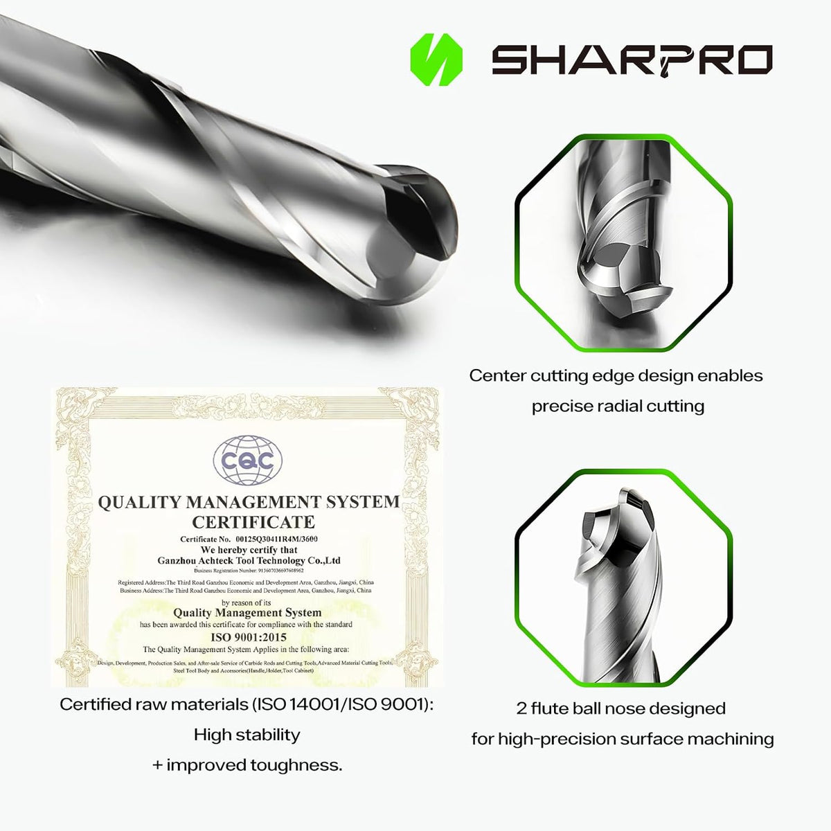 1/4'' Shank Carbide Ball Nose End Mill Bits, 2 Flute Solid Carbide
