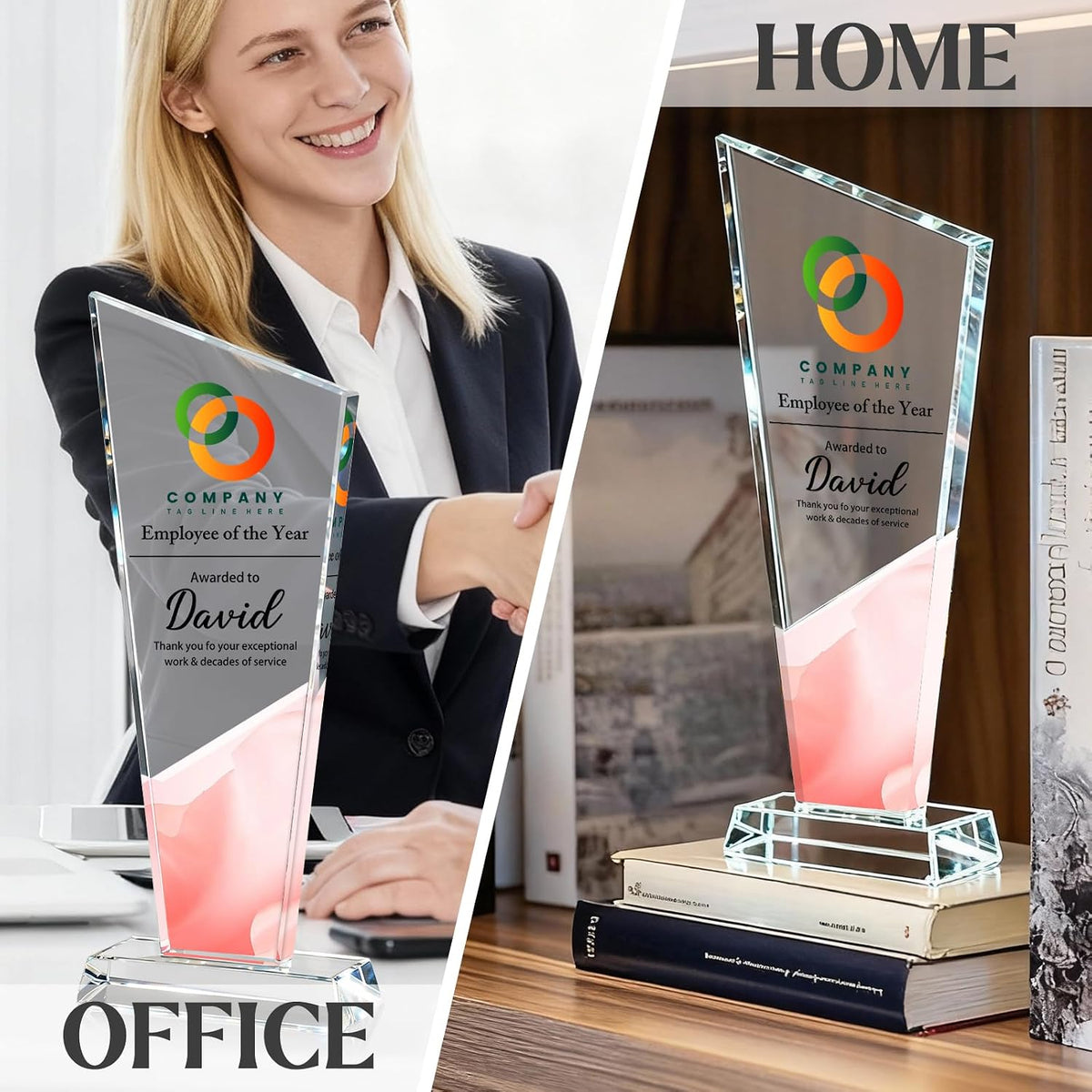 Personalized Crystal Trophy Award - Custom Plaque Award with Text Logo Photo - Employee Recognition Awards and