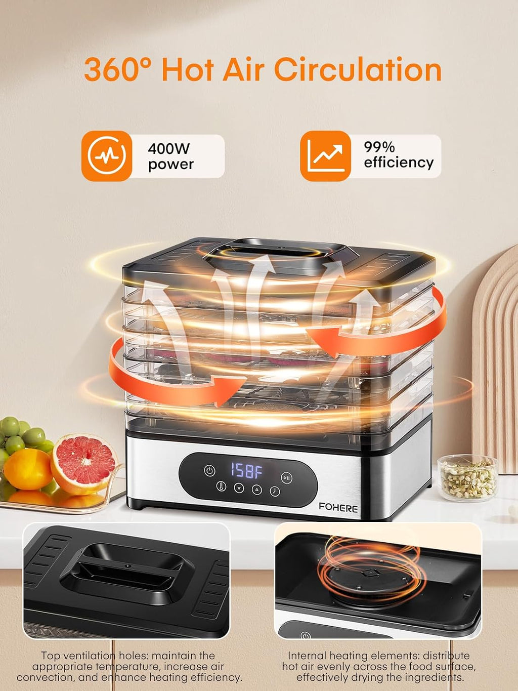 Food Dehydrator, 5 BPA-Free Tray Dehydrators, 11.42" Stackable Trays