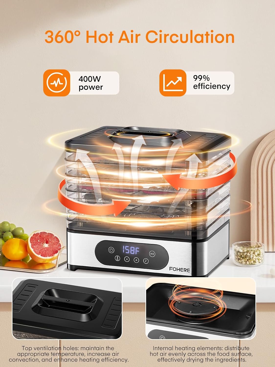 Food Dehydrator, 5 BPA-Free Tray Dehydrators, 11.42" Stackable Trays