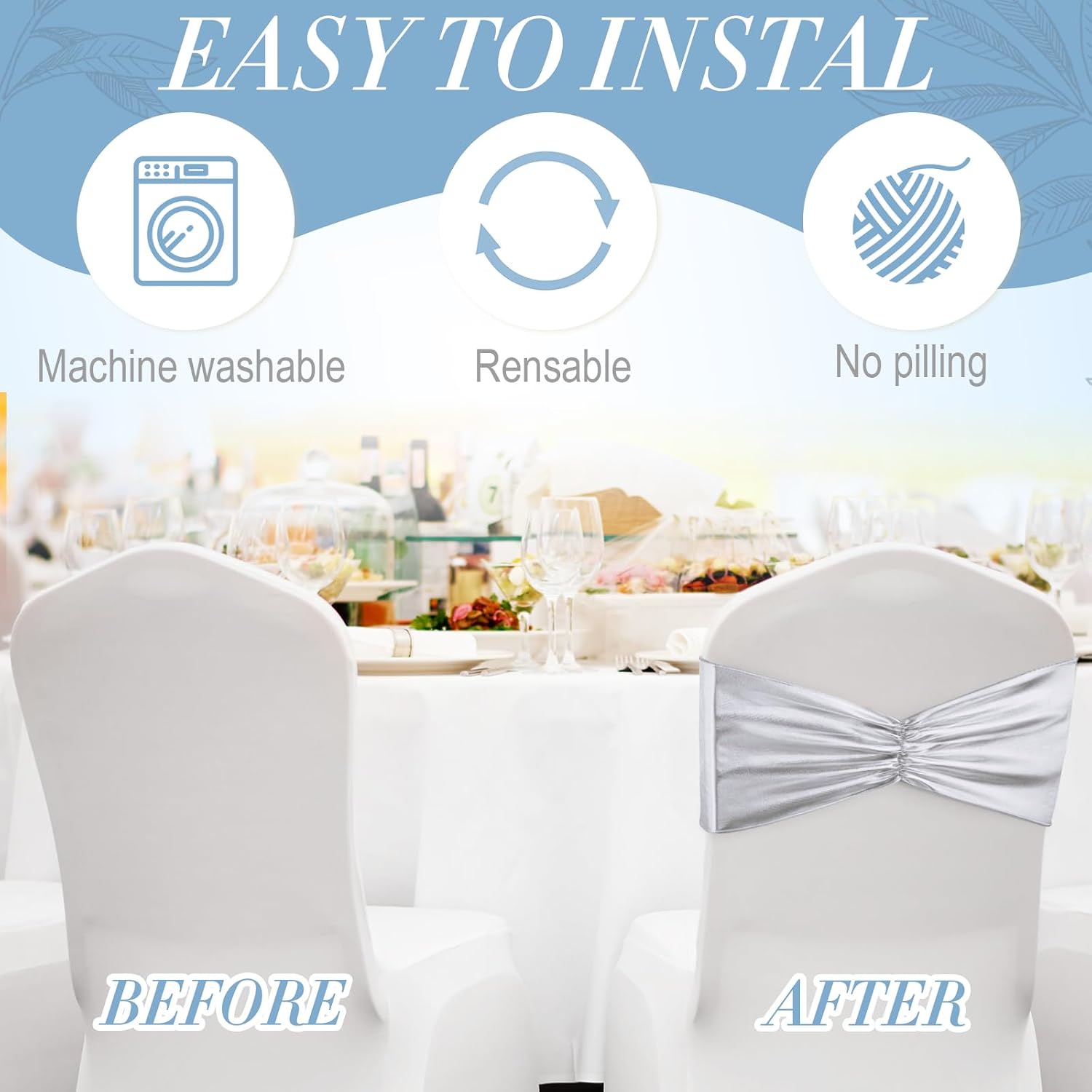 50 pcs Chair Sashes Shiny Bow Spandex Bands for Dining Chair Slipcover Wedding Banquet Parties Reception Restaurant