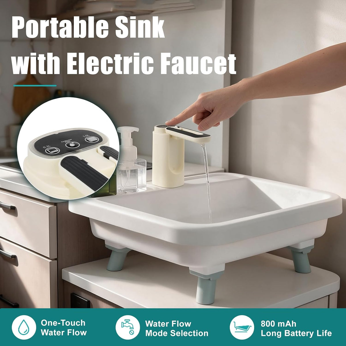 Portable Sink with Floor Stand, Hand Washing Station with Electric Faucet