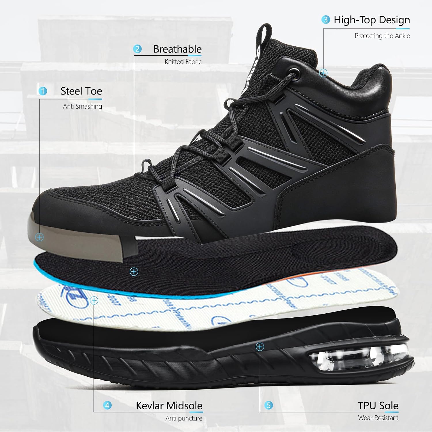 Steel Toe Boots for Men, Cushioned Safety Work Shoes | Steel toe, anti-puncture midsole, air cushion, wear-resistant