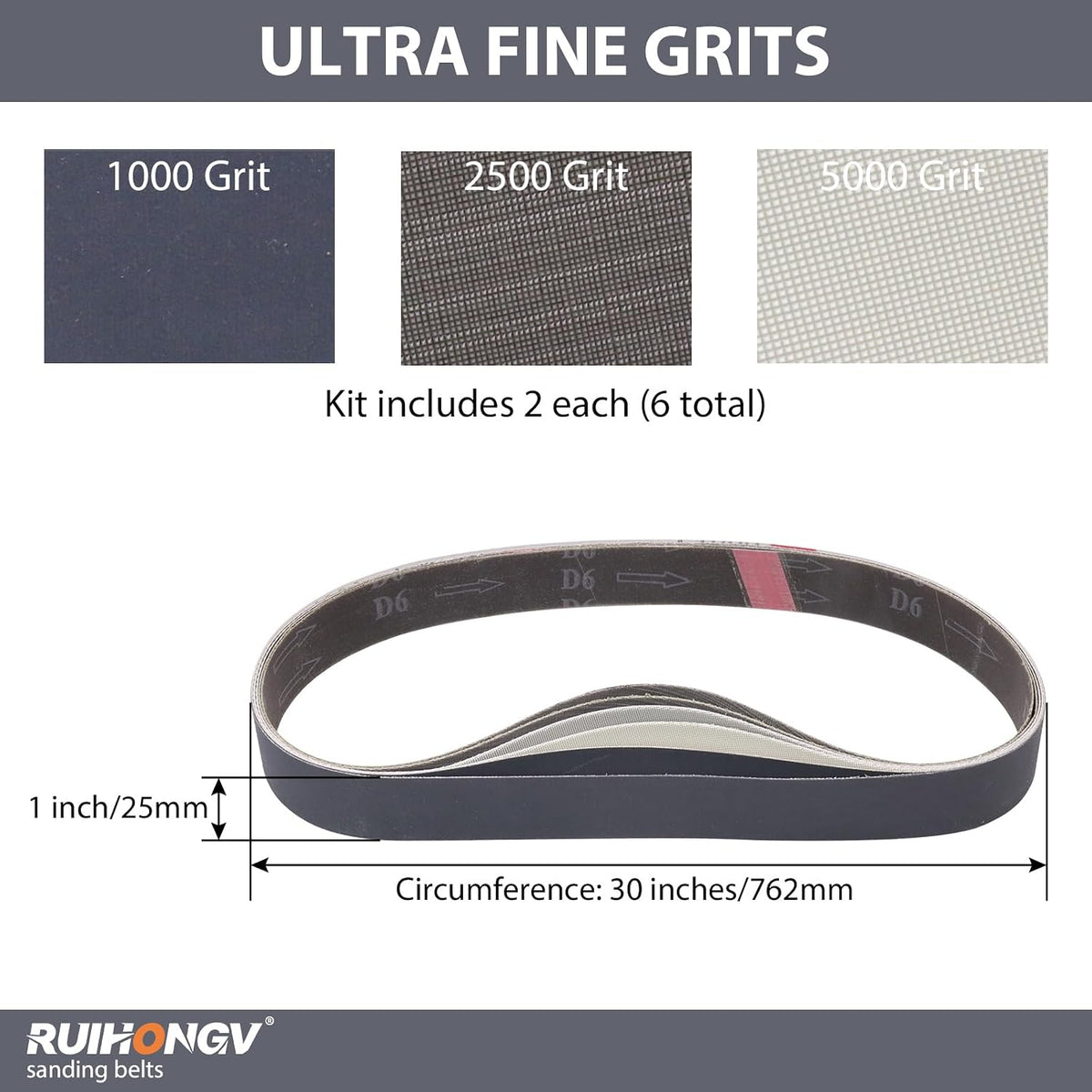 1x30 Sanding Belts for Knife Sharpening, 1000/2500/5000 Grit, 6 Pack