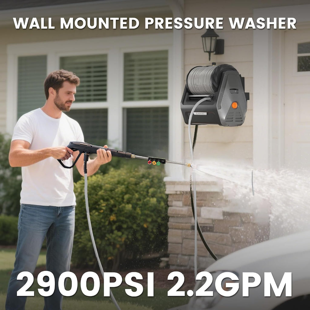 Grandfalls Retractable Wall Mount Pressure Washer Plus, Electric Power Washer with 100ft Pressure Hose, Max 2900PSI