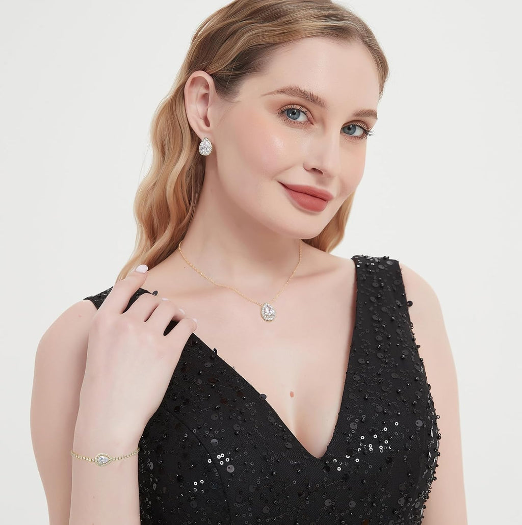 Teardrop Cubic Zirconia Jewelry Set Necklace Earrings Bracelet Bridal Wedding Jewelry for Women Bridesmaid Prom Party