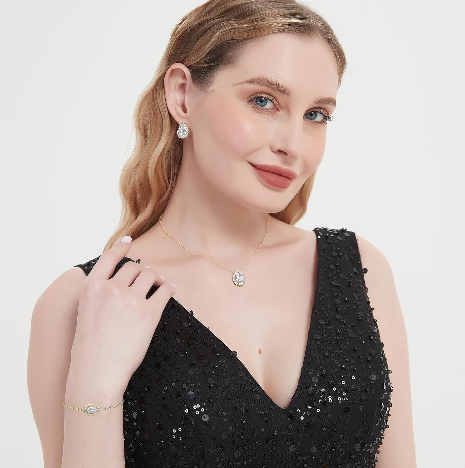 Teardrop Cubic Zirconia Jewelry Set Necklace Earrings Bracelet Bridal Wedding Jewelry for Women Bridesmaid Prom Party
