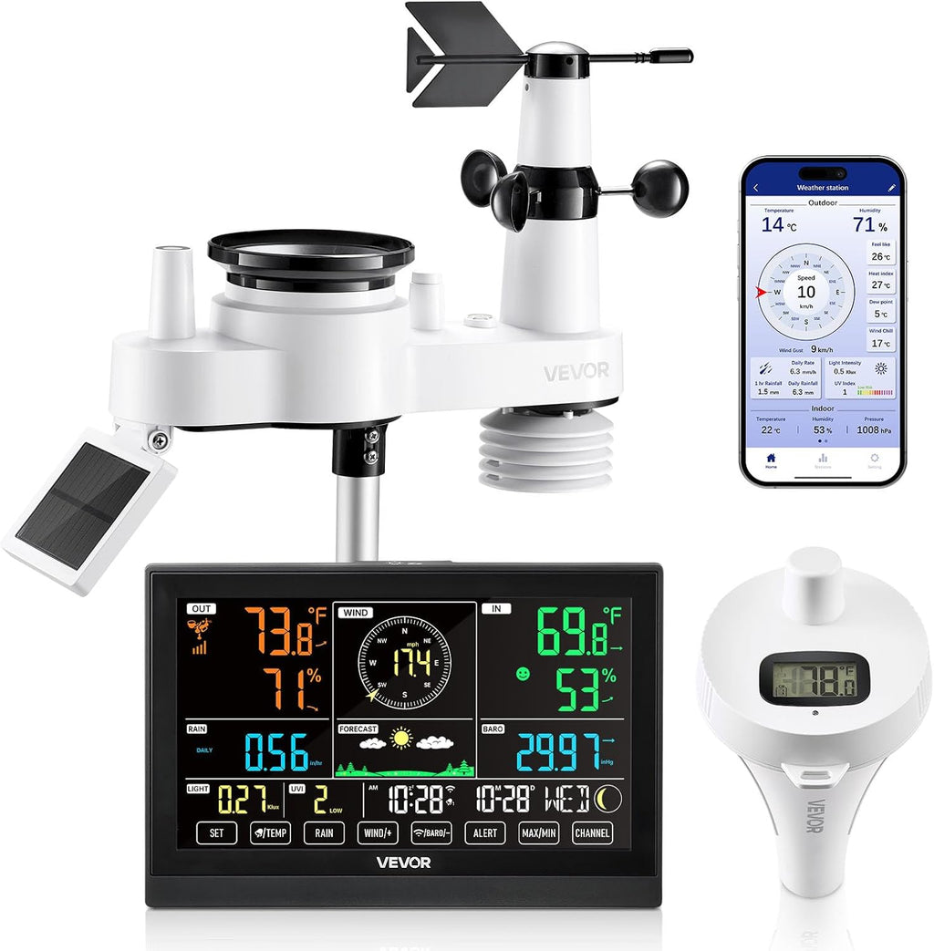 7-in-1 Wi-Fi Weather Station with APP, 7.5 in Display, Wireless Solar Powered Outdoor Sensor, with Pool Thermometer