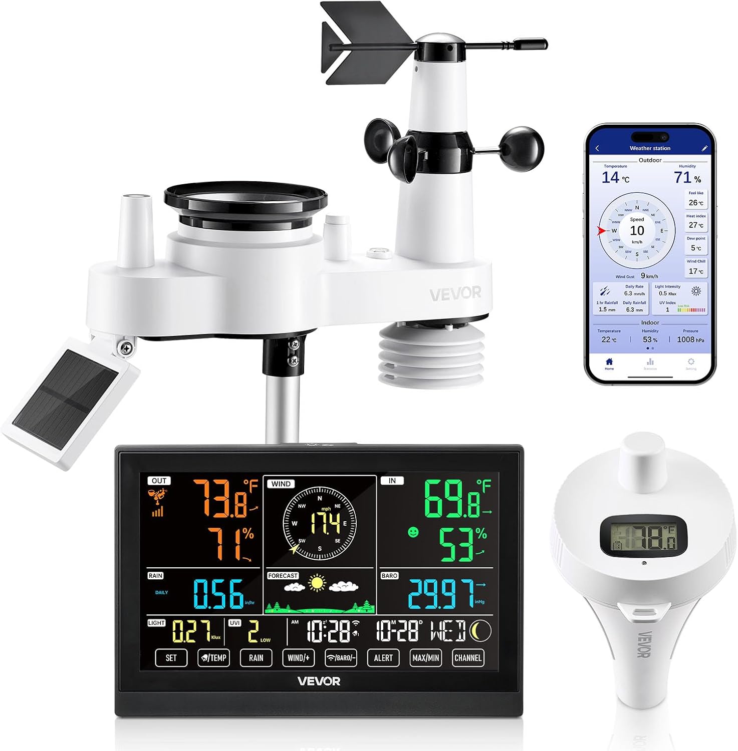 7-in-1 Wi-Fi Weather Station with APP, 7.5 in Display, Wireless Solar Powered Outdoor Sensor, with Pool Thermometer
