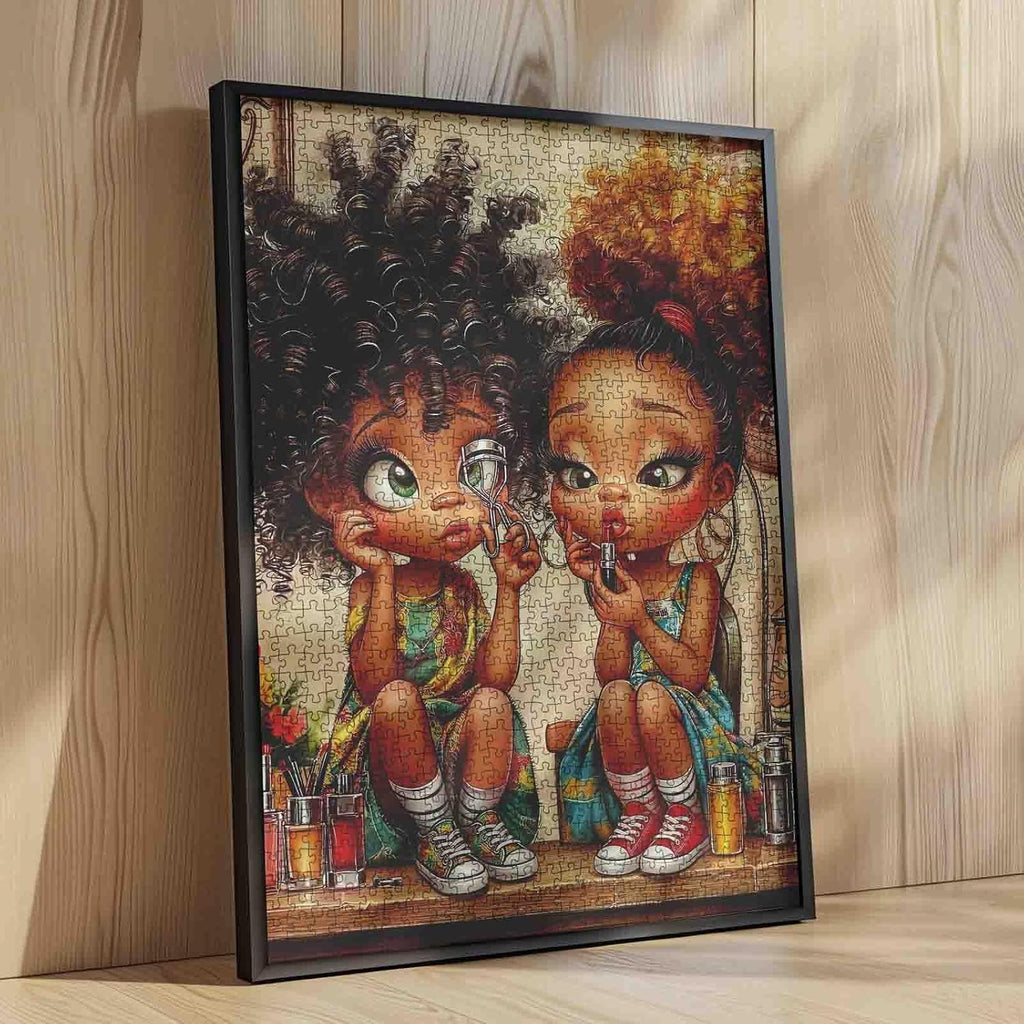 Fashion Little Girl 1000 Piece Jigsaw Puzzle for Adults Black Girl Makeup Scene Puzzle Beauty Theme Friendship