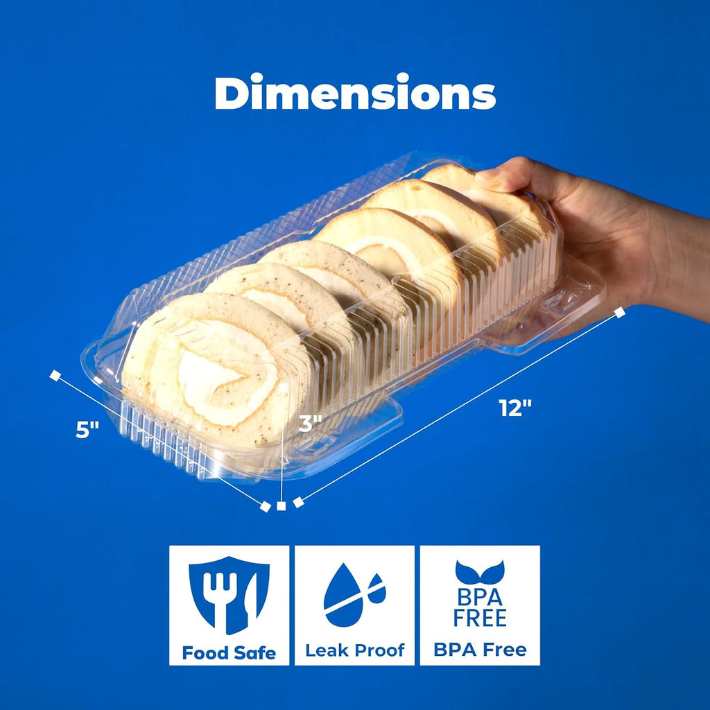 25 Pack 12" x 5" x 3" Clear Hinged Plastic Containers, Clamshell Take Out Containers, Bakery To Go Disposable Plastic