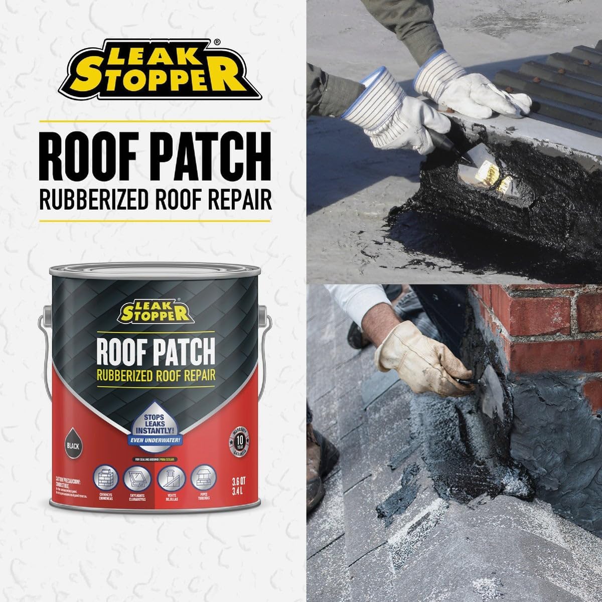 Gibson Leak Stopper Rubberized Roof Patch 1 Gallon | 100% Flexible Instant Sealant for Built-Up Roofs, SBS Modified