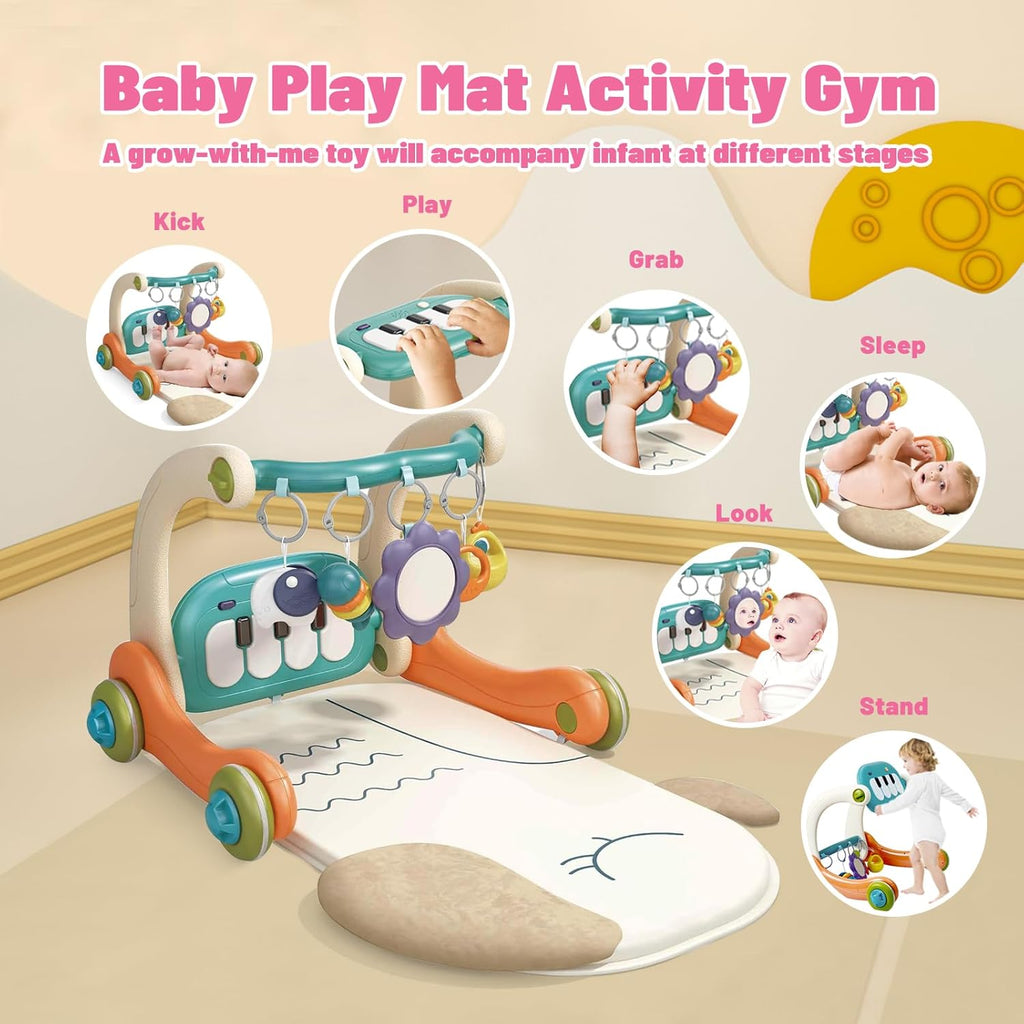 3 in 1 Baby Activity Gym Center, Tummy Time Play Mat Gym, Baby Push Walker, Kick and Play Piano with Music and Light