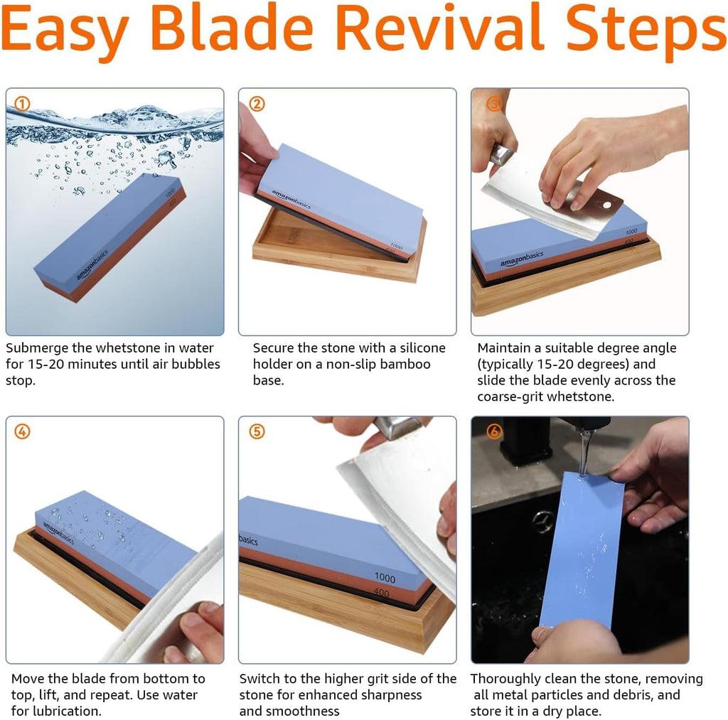 Dual Sided Whetstone Knife Sharpening Stone 400/1000 Grit with Angle Guide, Non-Slip Bamboo Base, Black & Grey