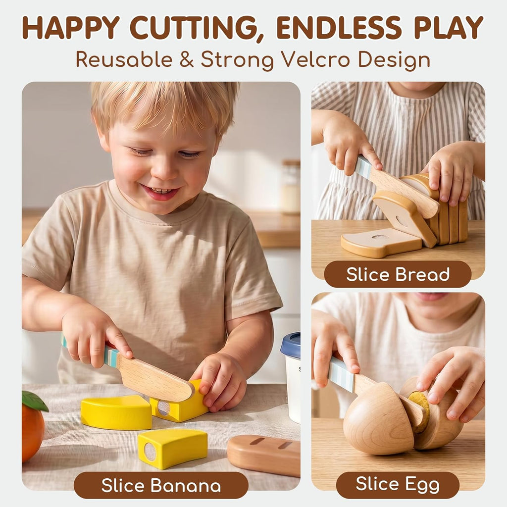 Wooden Play Food Set - Montessori Cutting Fruit Egg Bread, Pretend Breakfast Food Toys for Kids Kitchen, Educational
