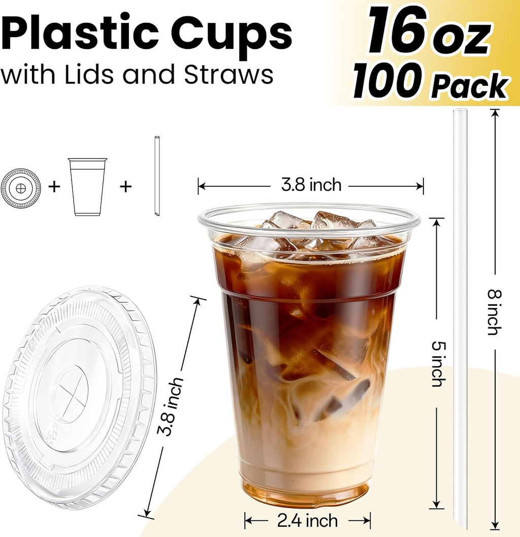𝟏𝟎𝟎 𝐏𝐚𝐜𝐤 16 oz Disposable Clear Plastic Cups with Lids and Straws