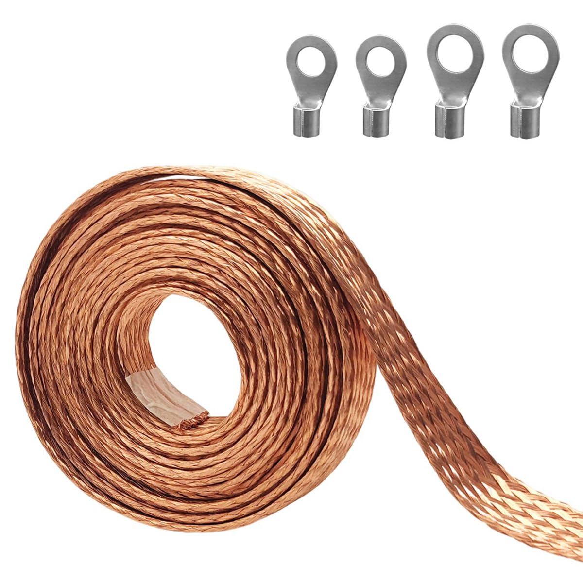 9.84ft Flat Copper Braided Ground Strap with Rings Terminal for Protect Wire