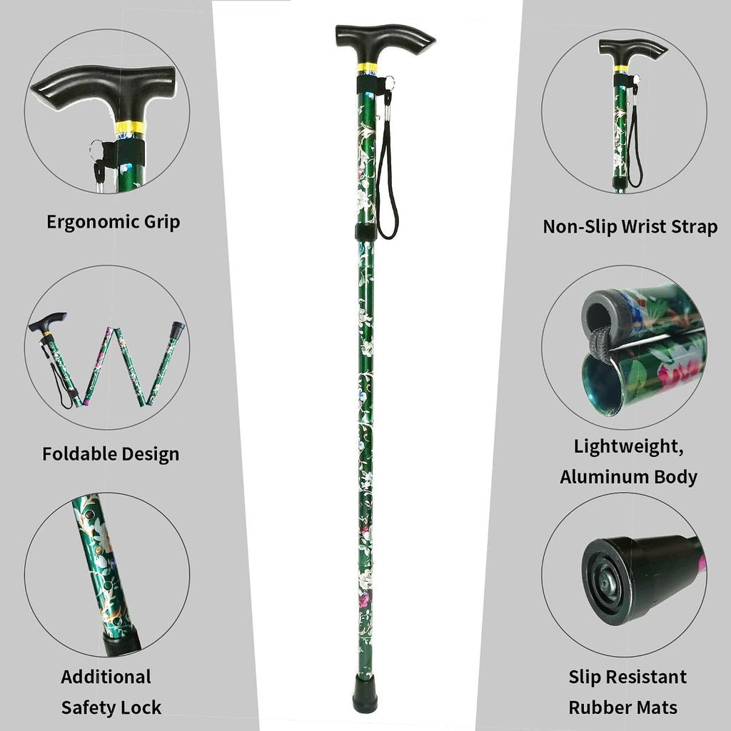 Folding Cane, 5-Level Adjustable Height Lightweight Portable Foldable Walking Canes with Wrist Strap and T Handle for