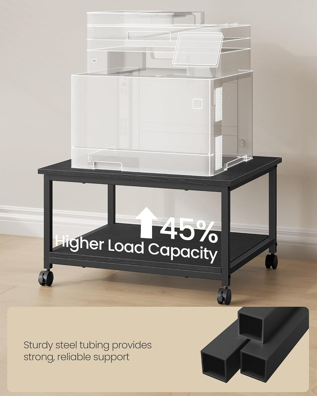 Printer Stand with Locking Wheels, Industrial Mobile Cart, Under Desk Printer Table for Home Office, 23.6 x 19.7 x