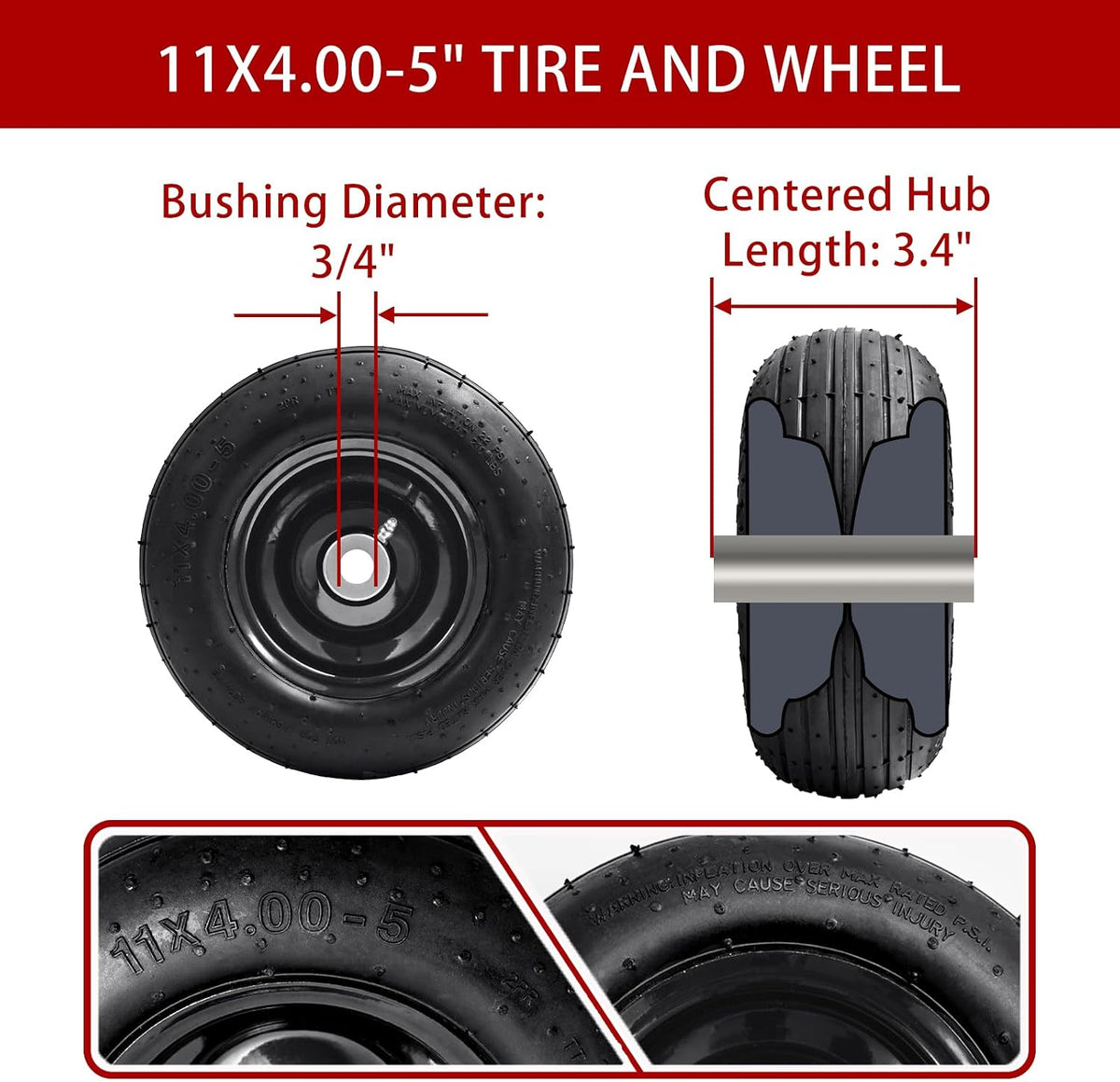 (2-Pack) 11x4.00-5 Lawn Mower Tires, 11x4.00-5 Tire and Wheel Assembly Universal Lawn Mower/Yard Tractor Turf Tires 4