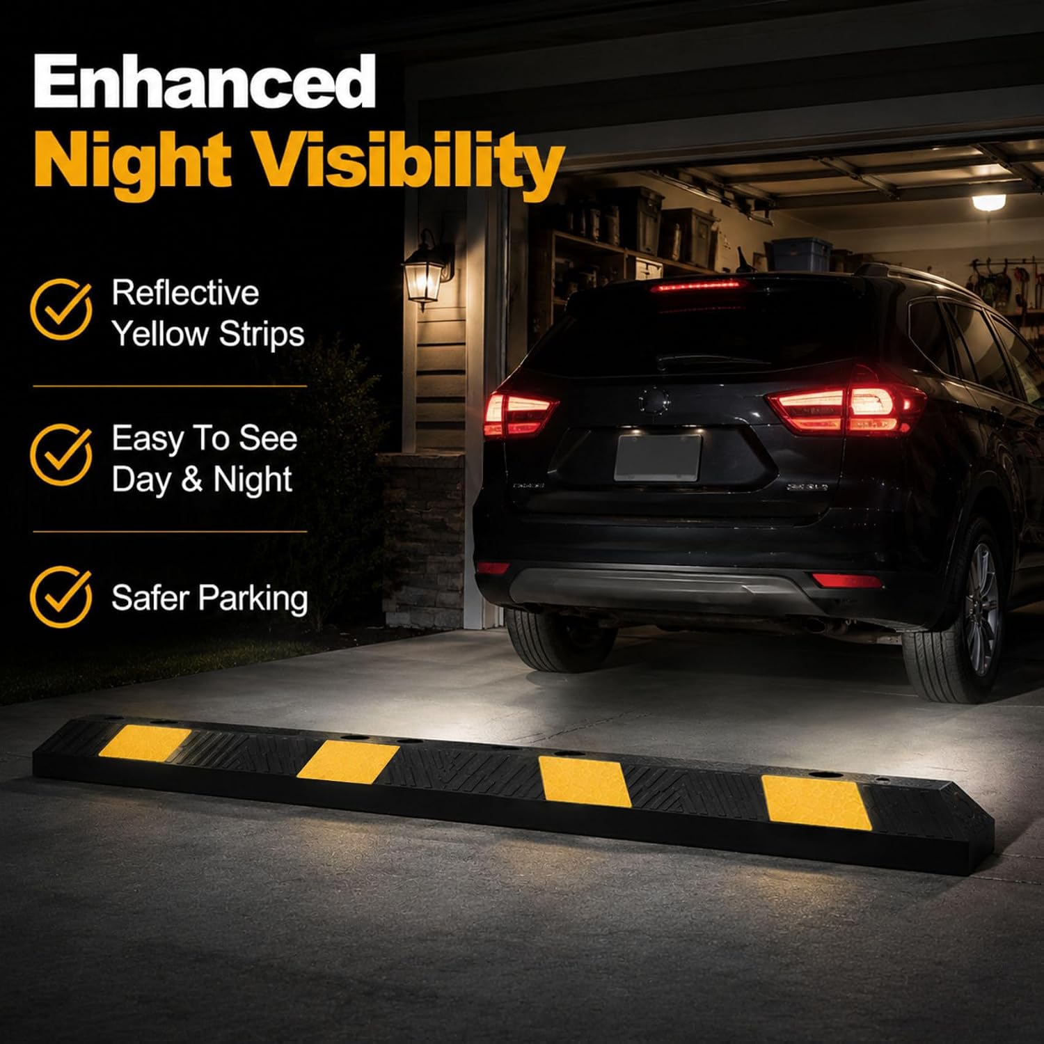 72" Heavy Duty Rubber Parking Stopper for Garage – 6-Foot Long Wheel Stopper with Reflective Stripe, UV-Resistant