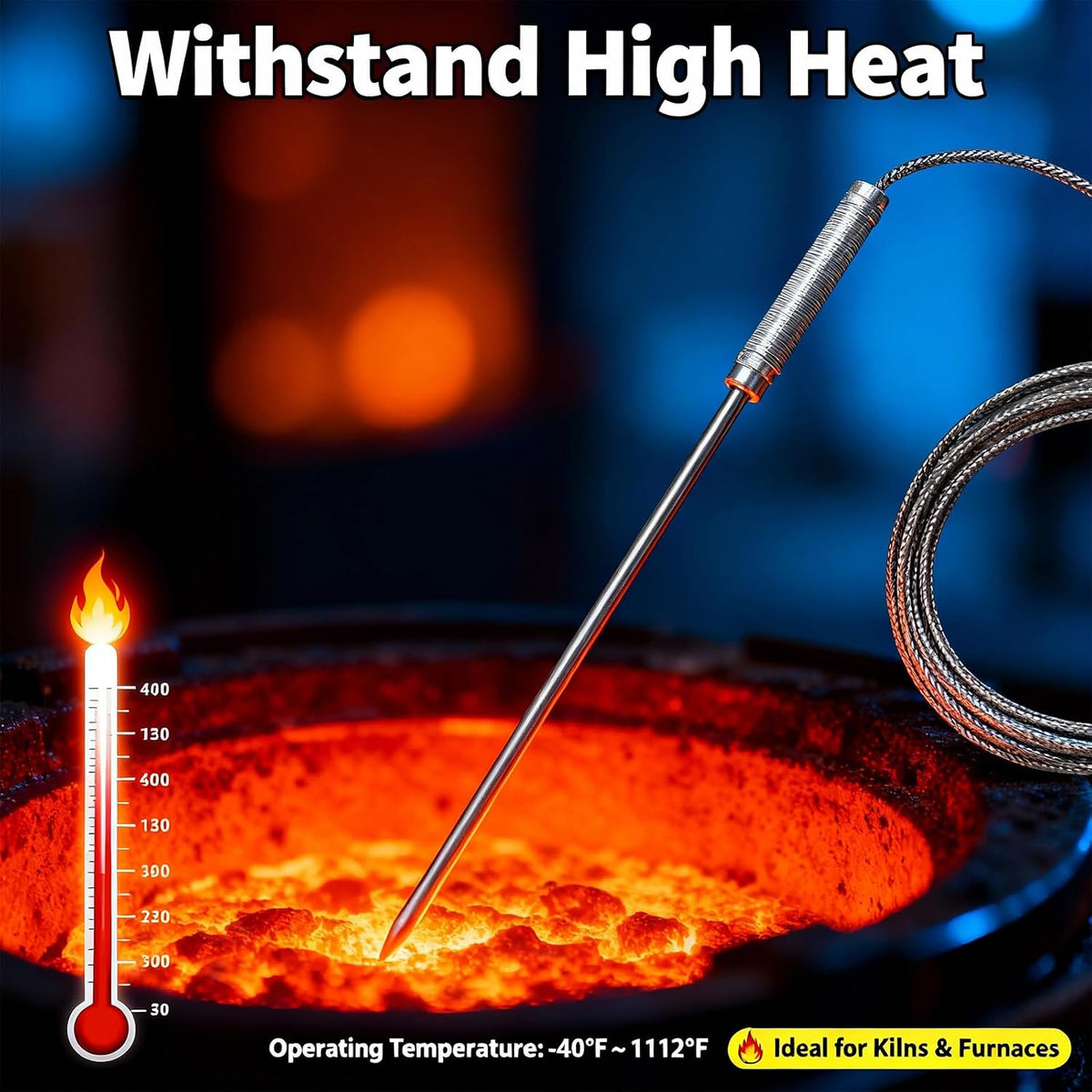 50360-K Type Thermocouple Probe, Rage:-40°F to 1112°F, 55in Long Wire