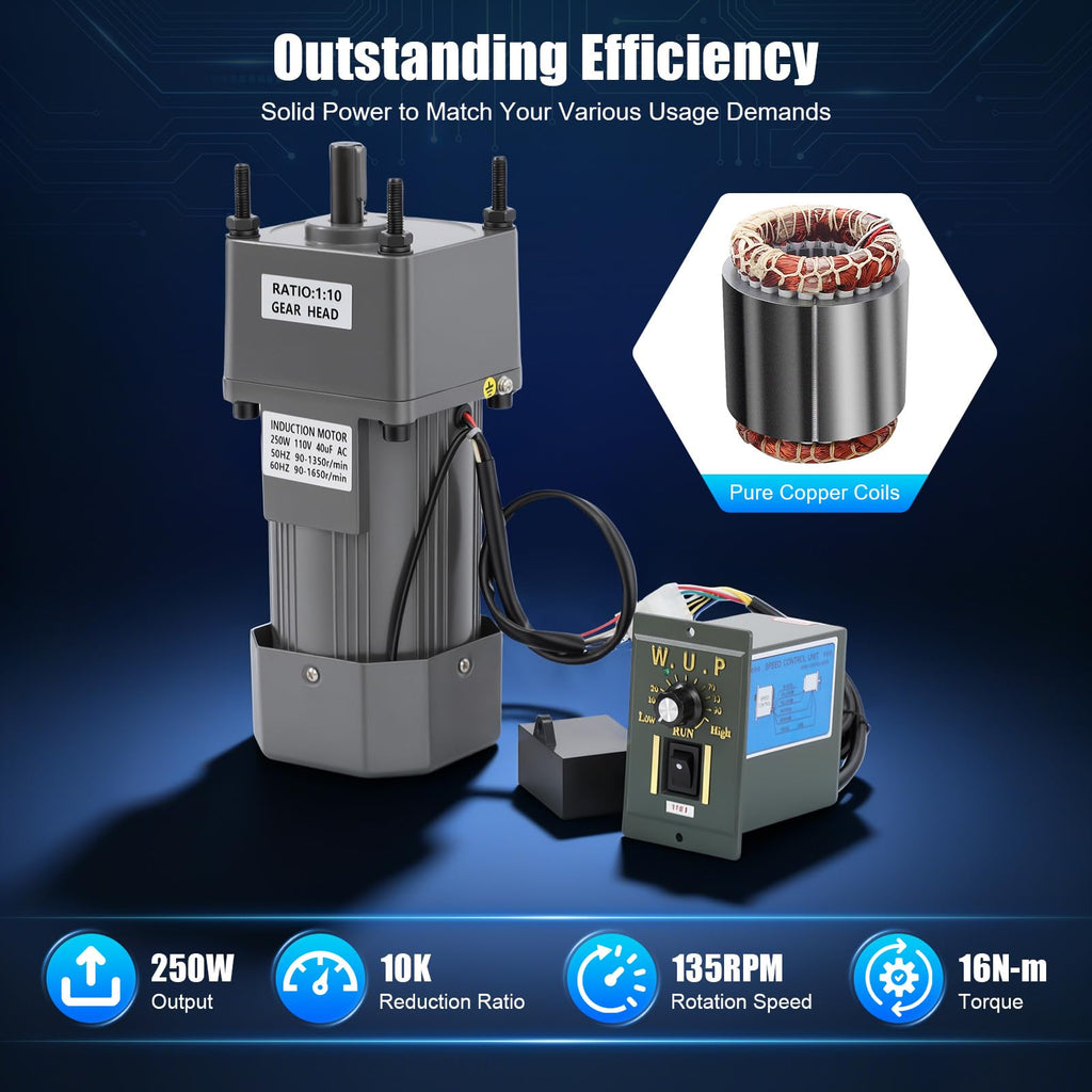 250W AC Variable Speed Motor with Speed Controller, Gear Reducer Motor 110V