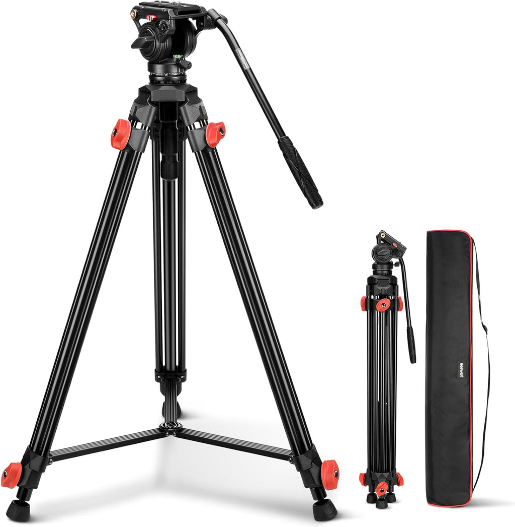 Video Tripod with Fluid Head, Heavy Duty Aluminum Compact Portable Camera Tripod Stand for DSLR Camcorder Compatible