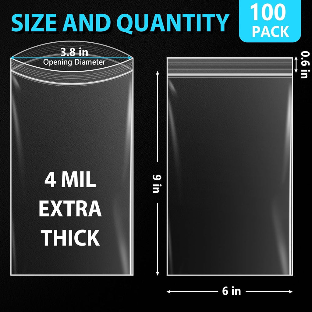 6" X 9" 4 Mil Reclosable Zip Bags, Heavy Duty Clear Plastic Zipper Lock Bags, Pack of 100