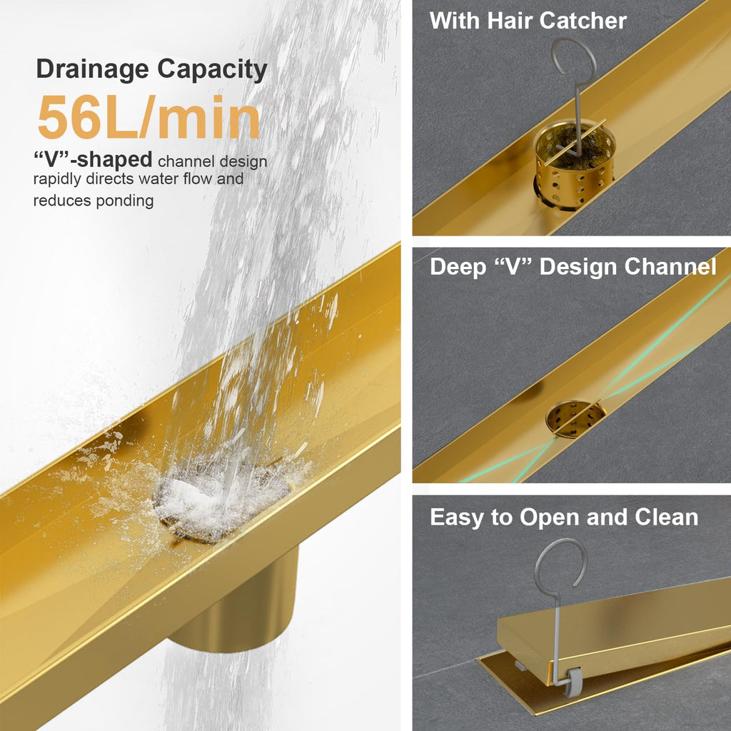 18 Inch Linear Shower Drain, with Tile Insert Grate (Brushed Gold)