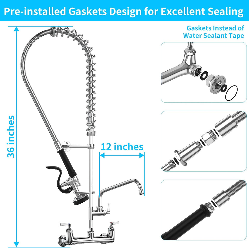 Commercial Faucet with Sprayer, 36" Height 8 Inch Center Brass Constructed Wall Mount Kitchen Sink Faucet with Pull