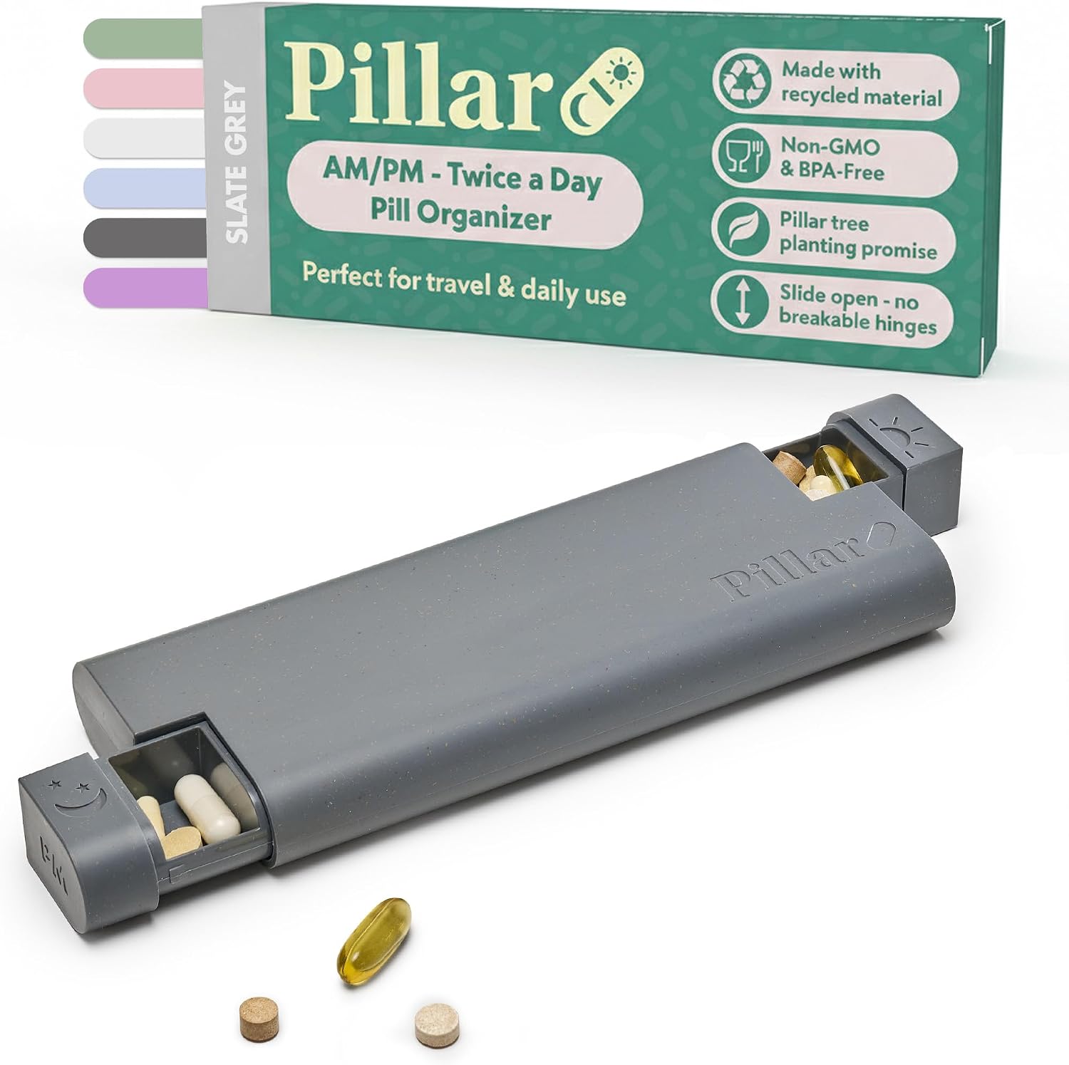 Pillar AM/PM Pill Box Organizer Two Times a Day | Aesthetic 7 Day Tablet Organizer 2 Times A Day | Beautiful Weekly