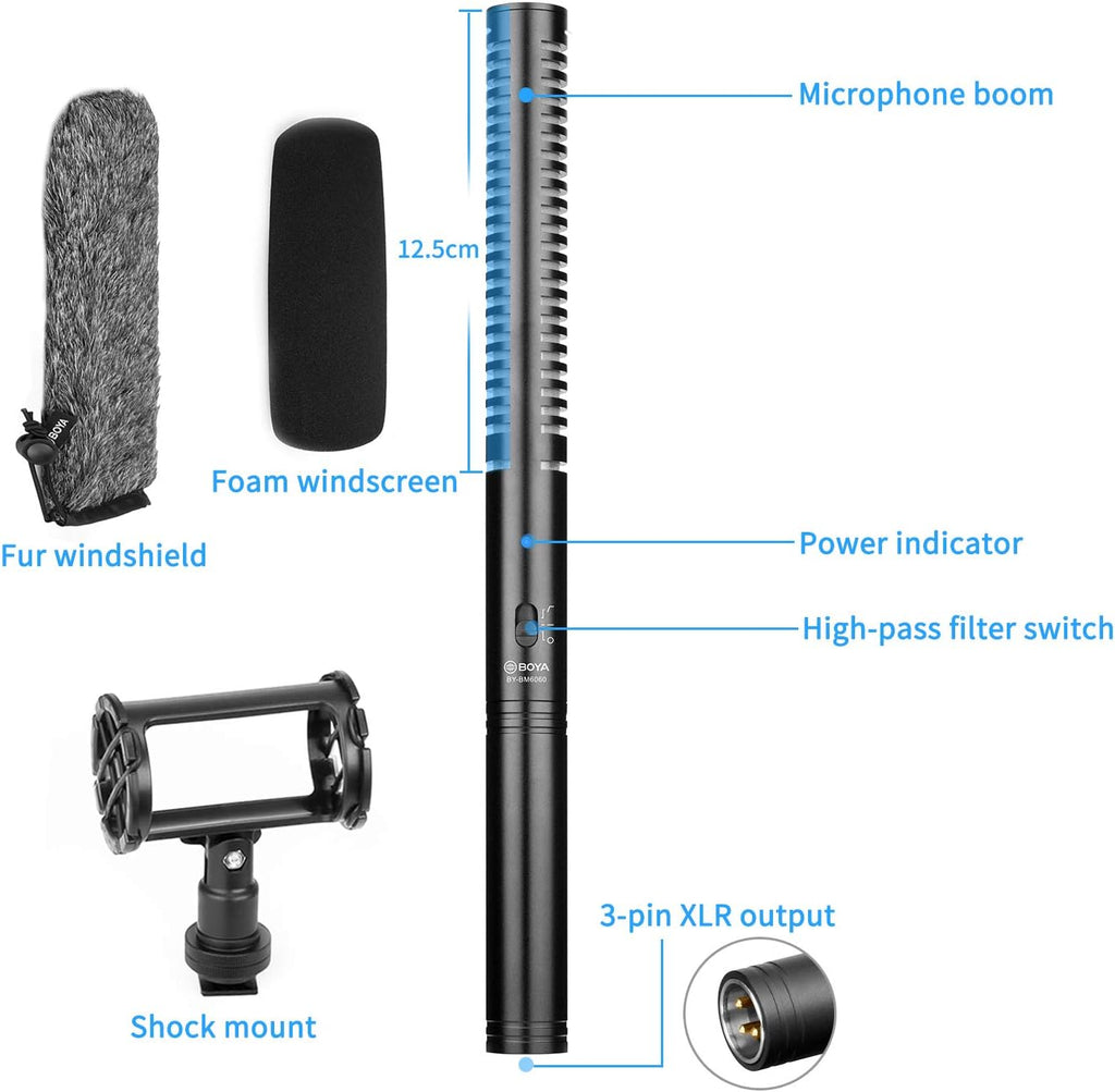 XLR Microphone, Shotgun Microphone BY-BM6060 with Shockmount Windscreen Mic for Camera DSLR External Condenser