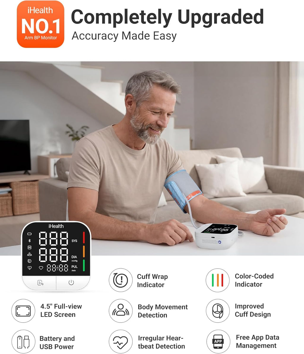 Track Pro Upper Arm Blood Pressure Monitor, Full-View LED Screen, Body & Cuff Detection, App-Enabled for iOS &