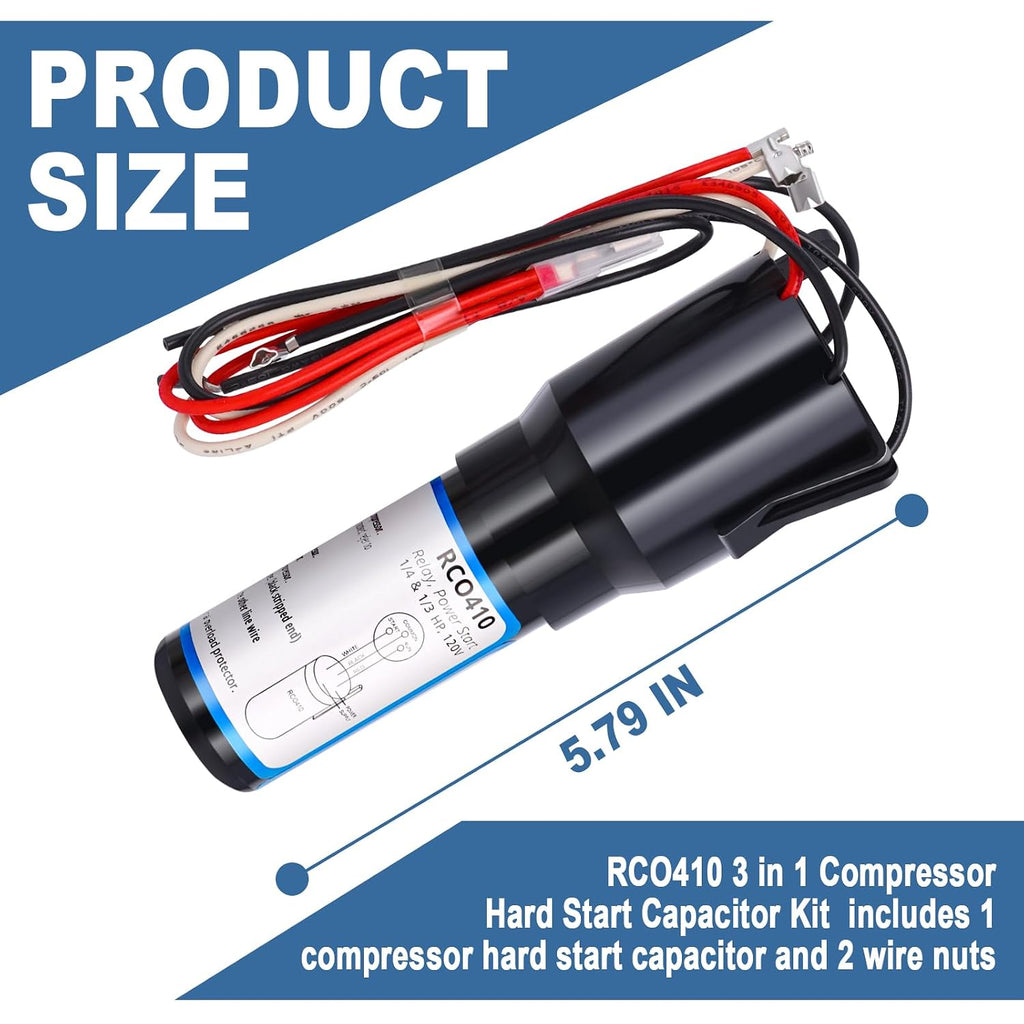 RCO410 3 in 1 Compressor Hard Start Capacitor Kit for Refrigerators | For Freezers, 1/4-1/3 HP, 115V, 2 Pack